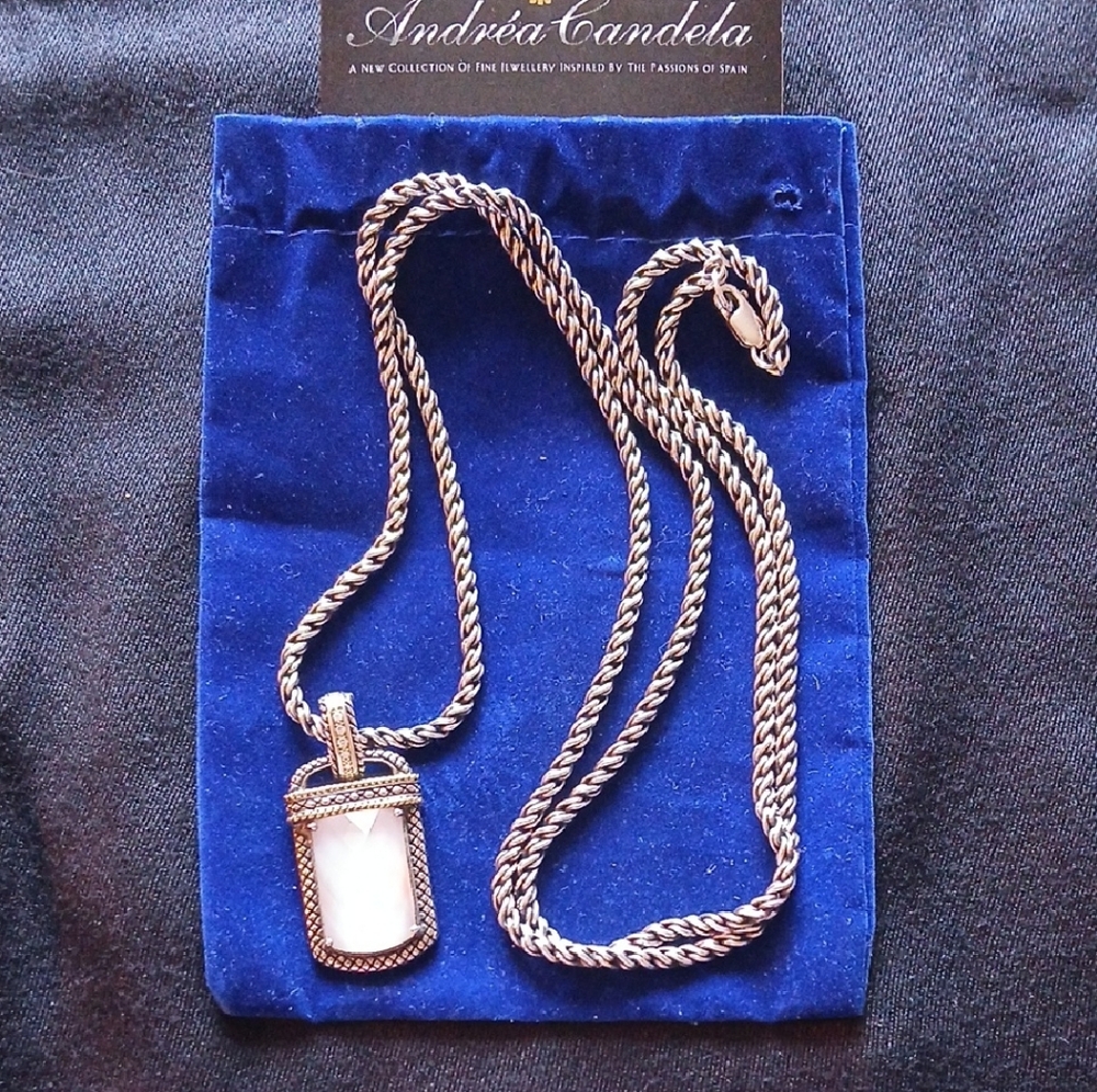 Andrea Candela Silver Necklace with Rose Quart Pendant 18kt Gold & Diamonds